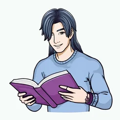 Free book club clipart of a long hair Asian man reading
